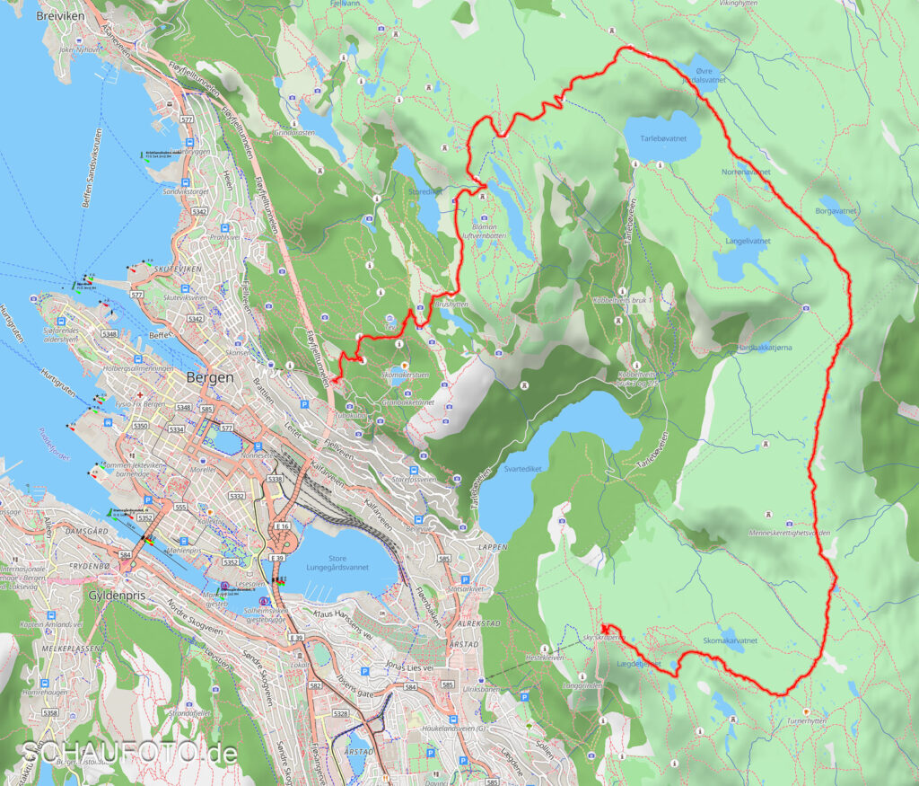 Karte der Tour vom Ulriken zum Fløyen