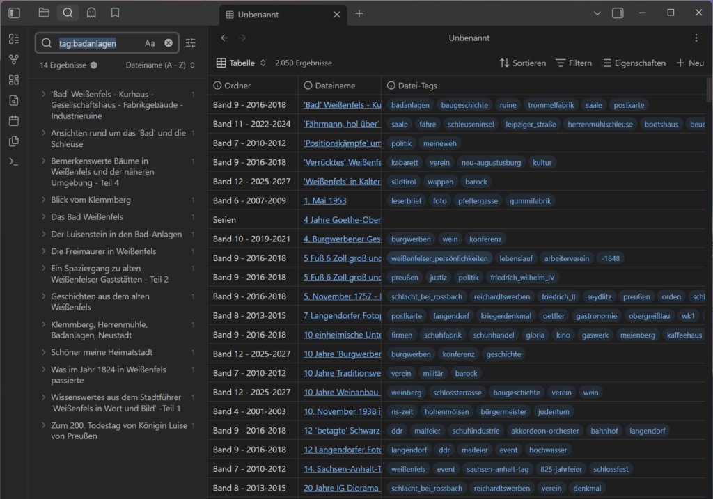 Obsidian BASE mit Suche kombiniert